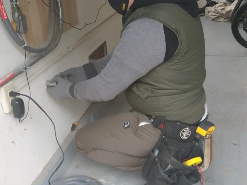 Electrician performing outlet wiring in a Baldwinsville garage